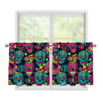 Teal Pink Sugar Skull Pattern Print Tier Curtains