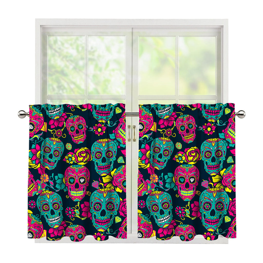 Teal Pink Sugar Skull Pattern Print Tier Curtains