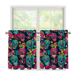 Teal Pink Sugar Skull Pattern Print Tier Curtains