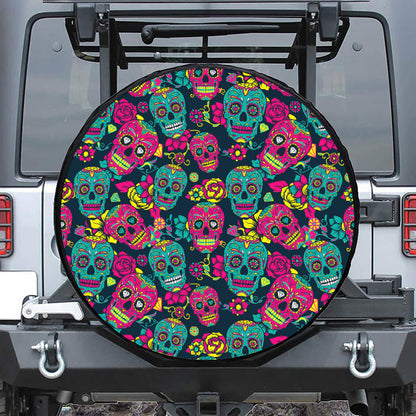 Teal Pink Sugar Skull Pattern Print Tire Cover
