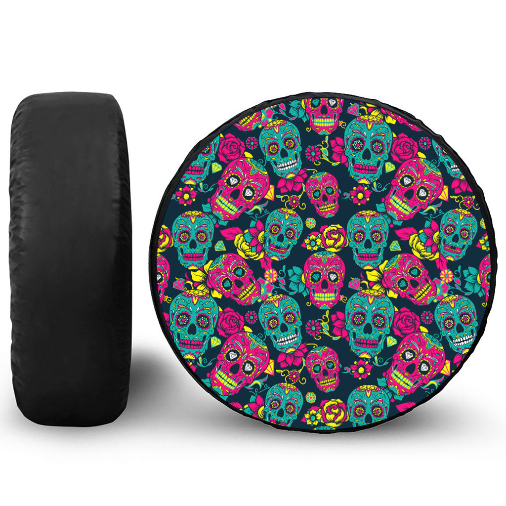 Teal Pink Sugar Skull Pattern Print Tire Cover