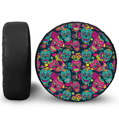 Teal Pink Sugar Skull Pattern Print Tire Cover