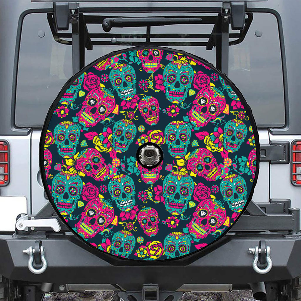 Teal Pink Sugar Skull Pattern Print Tire Cover With Camera Hole
