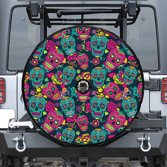 Teal Pink Sugar Skull Pattern Print Tire Cover With Camera Hole
