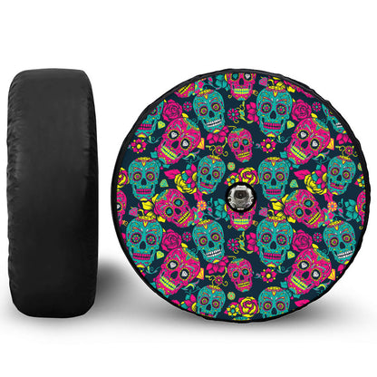 Teal Pink Sugar Skull Pattern Print Tire Cover With Camera Hole