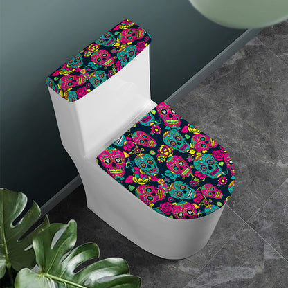 Teal Pink Sugar Skull Pattern Print Toilet Lid And Tank Cover Set
