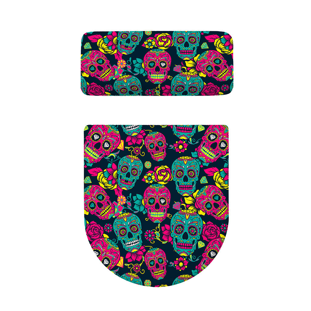 Teal Pink Sugar Skull Pattern Print Toilet Lid And Tank Cover Set