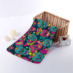 Teal Pink Sugar Skull Pattern Print Towel