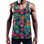 Teal Pink Sugar Skull Pattern Print Training Tank Top