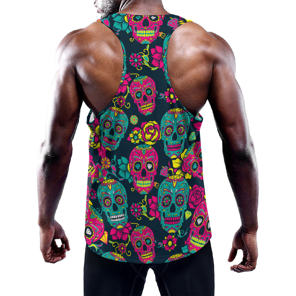 Teal Pink Sugar Skull Pattern Print Training Tank Top