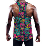 Teal Pink Sugar Skull Pattern Print Training Tank Top