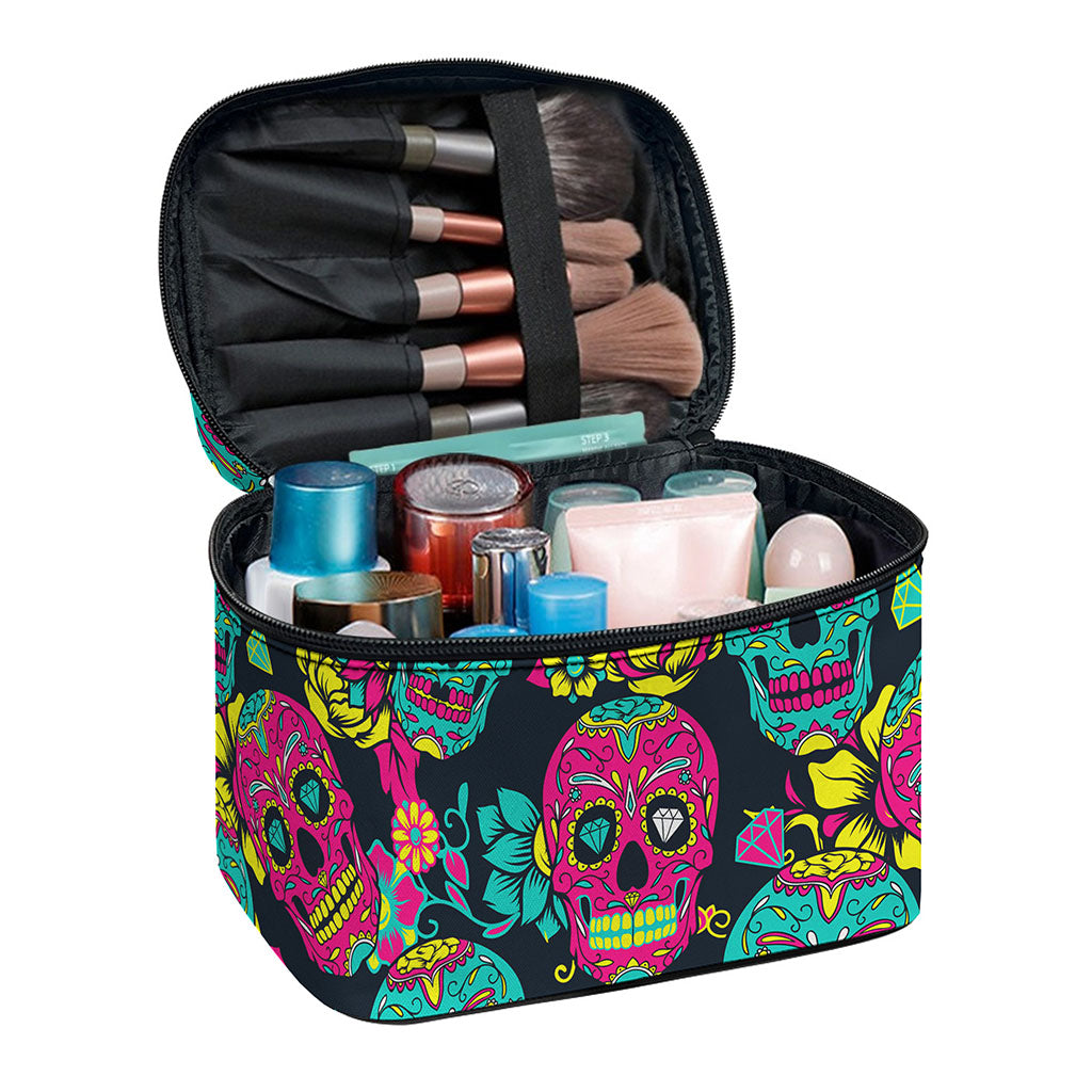 Teal Pink Sugar Skull Pattern Print Travel Makeup Bag