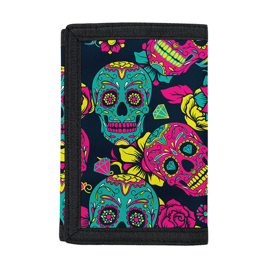 Teal Pink Sugar Skull Pattern Print Trifold Wallet