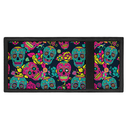 Teal Pink Sugar Skull Pattern Print Trifold Wallet