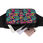 Teal Pink Sugar Skull Pattern Print Waist Bag