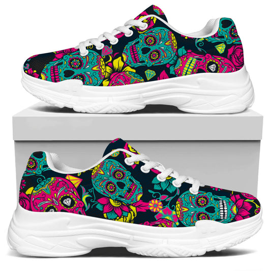 Teal Pink Sugar Skull Pattern Print White Chunky Shoes