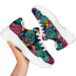 Teal Pink Sugar Skull Pattern Print White Chunky Shoes