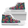 Teal Pink Sugar Skull Pattern Print White High Top Sneakers