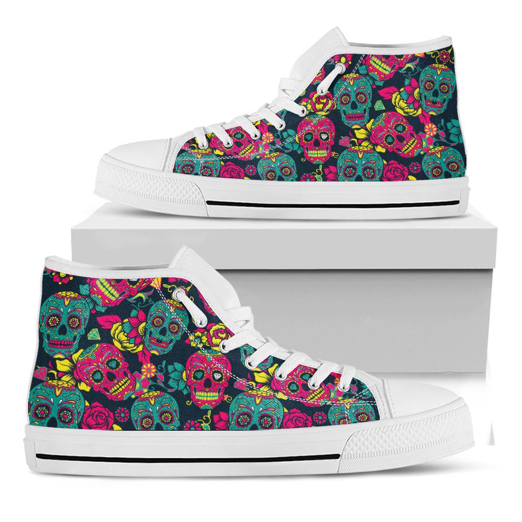 Teal Pink Sugar Skull Pattern Print White High Top Sneakers