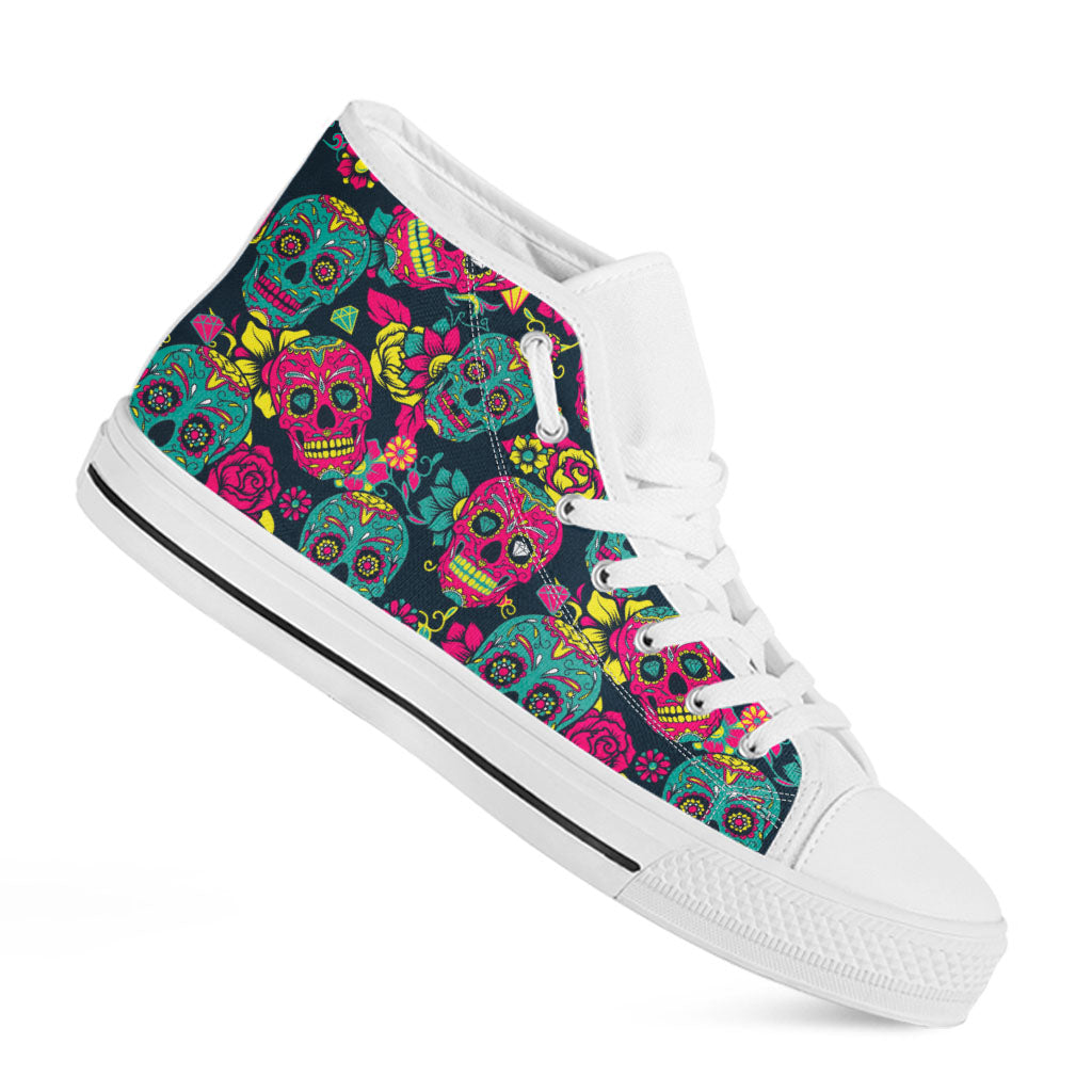 Teal Pink Sugar Skull Pattern Print White High Top Sneakers