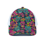 Teal Pink Sugar Skull Pattern Print White Mesh Trucker Cap