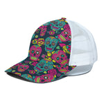Teal Pink Sugar Skull Pattern Print White Mesh Trucker Cap