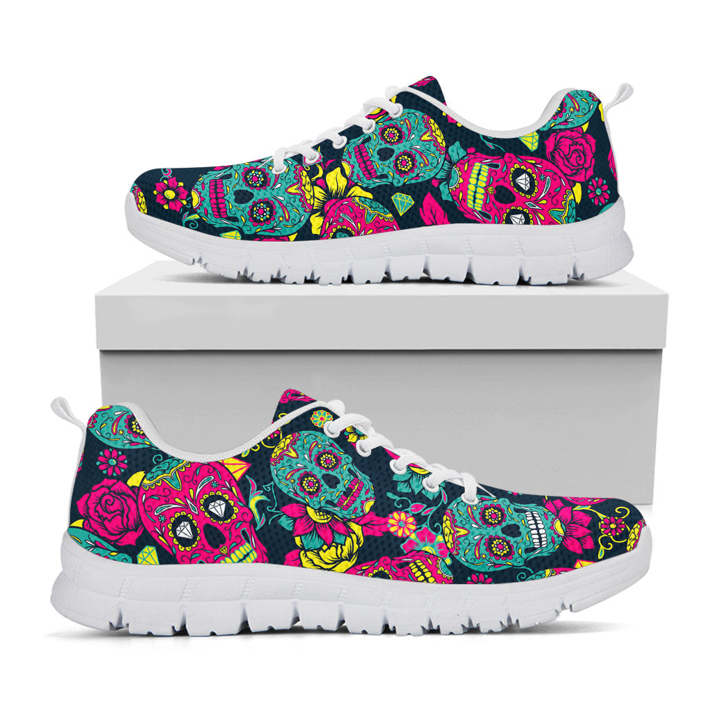 Teal Pink Sugar Skull Pattern Print White Running Shoes