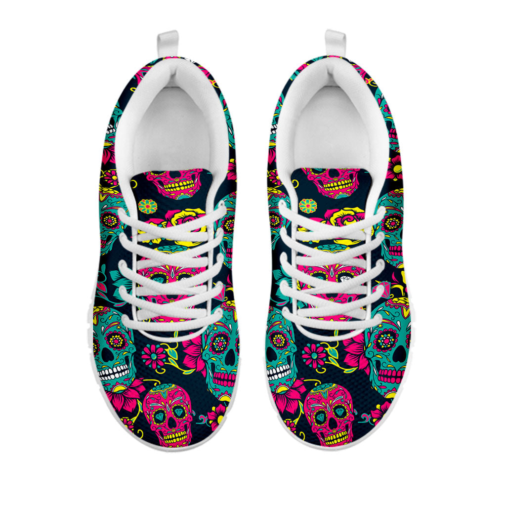 Teal Pink Sugar Skull Pattern Print White Running Shoes