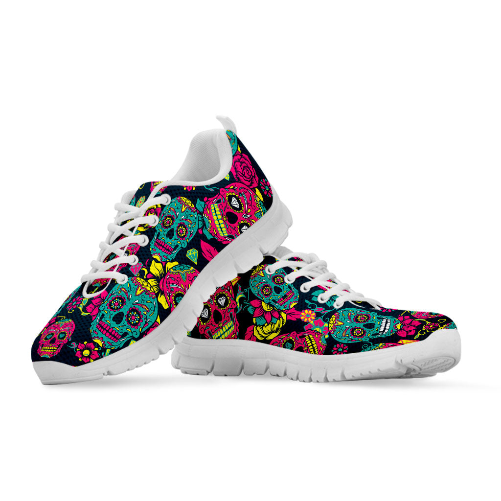 Teal Pink Sugar Skull Pattern Print White Running Shoes