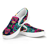 Teal Pink Sugar Skull Pattern Print White Slip On Sneakers