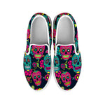 Teal Pink Sugar Skull Pattern Print White Slip On Sneakers