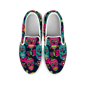 Teal Pink Sugar Skull Pattern Print White Slip On Sneakers