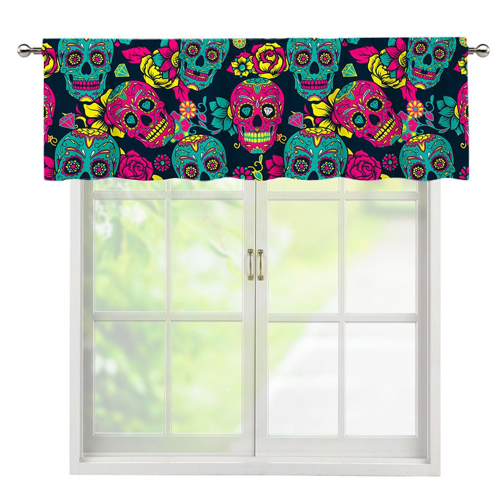 Teal Pink Sugar Skull Pattern Print Window Valance