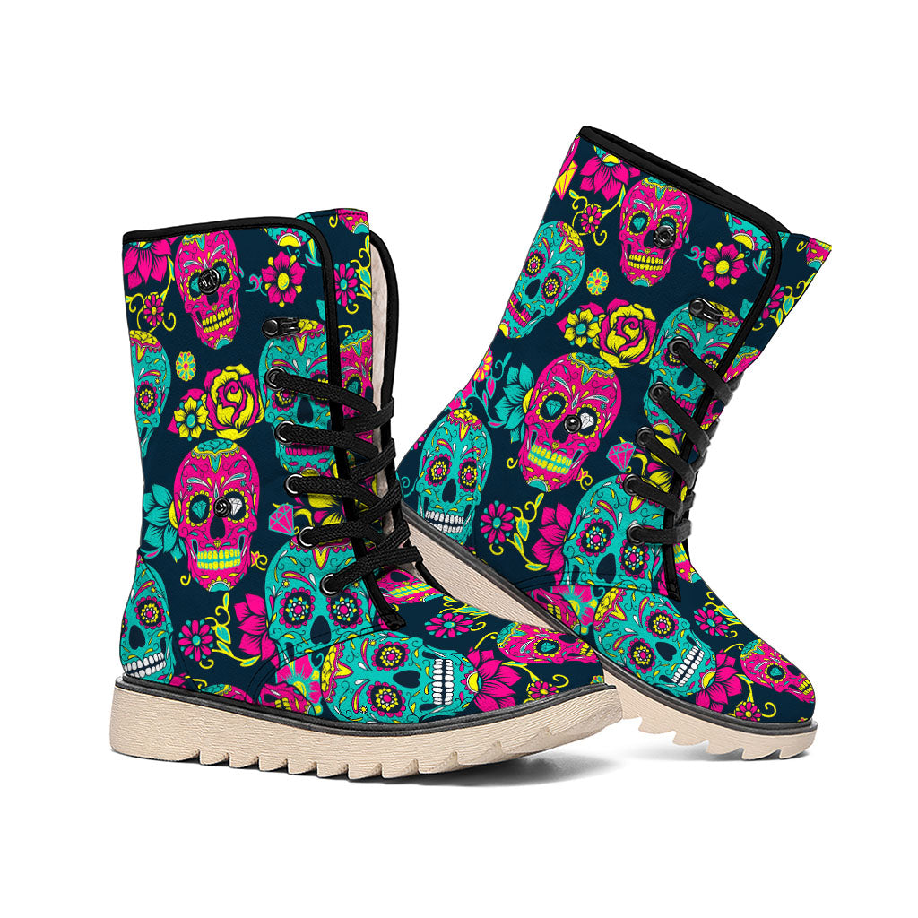 Teal Pink Sugar Skull Pattern Print Winter Boots