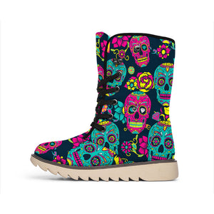 Teal Pink Sugar Skull Pattern Print Winter Boots