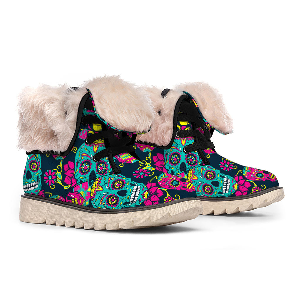 Teal Pink Sugar Skull Pattern Print Winter Boots