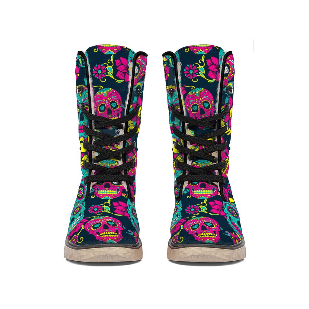 Teal Pink Sugar Skull Pattern Print Winter Boots