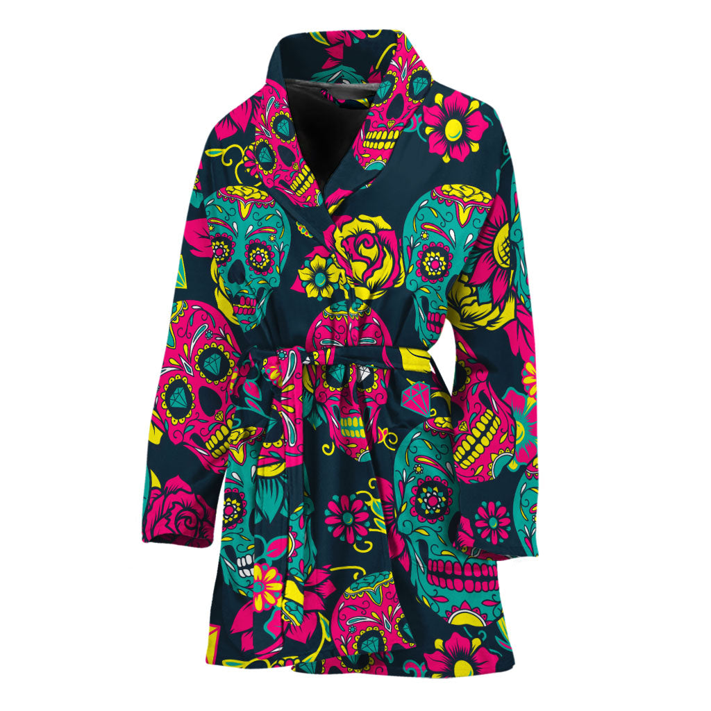 Teal Pink Sugar Skull Pattern Print Women's Bathrobe
