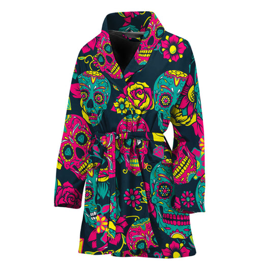 Teal Pink Sugar Skull Pattern Print Women's Bathrobe