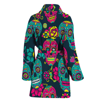 Teal Pink Sugar Skull Pattern Print Women's Bathrobe