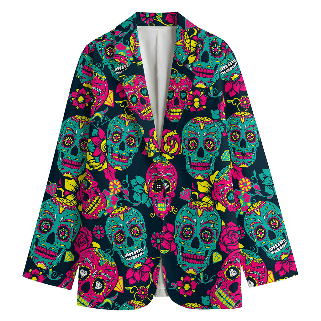 Teal Pink Sugar Skull Pattern Print Women's Blazer