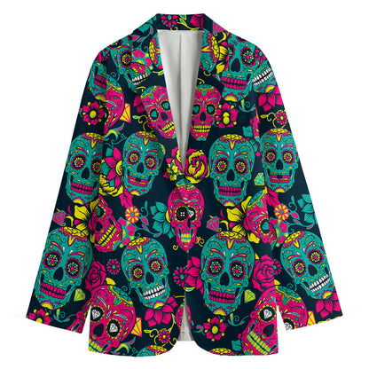 Teal Pink Sugar Skull Pattern Print Women's Blazer
