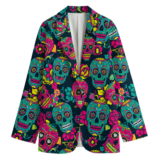 Teal Pink Sugar Skull Pattern Print Women's Blazer