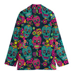 Teal Pink Sugar Skull Pattern Print Women's Blazer