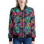 Teal Pink Sugar Skull Pattern Print Women's Bomber Jacket