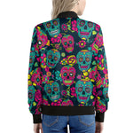 Teal Pink Sugar Skull Pattern Print Women's Bomber Jacket