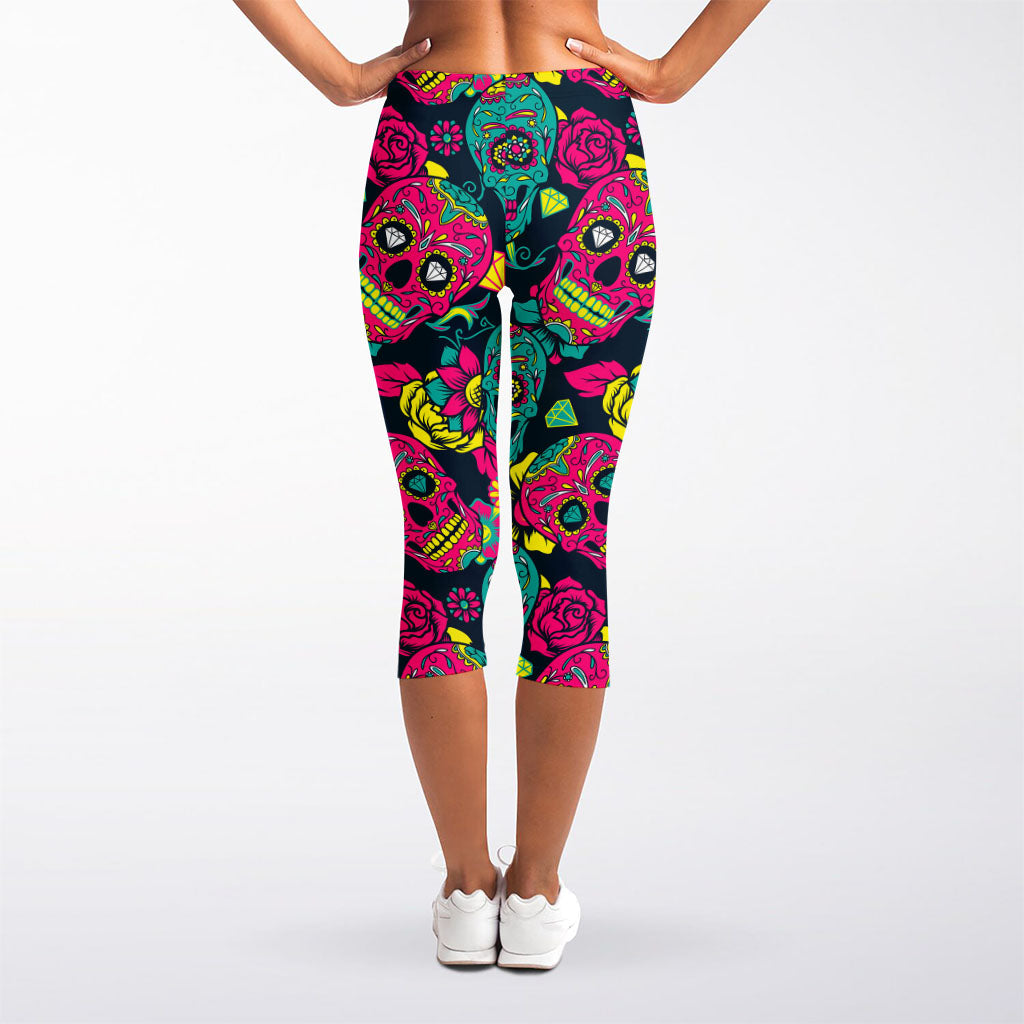 Teal Pink Sugar Skull Pattern Print Women's Capri Leggings