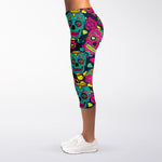 Teal Pink Sugar Skull Pattern Print Women's Capri Leggings