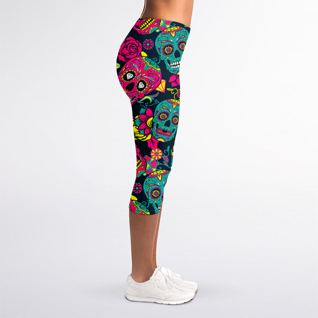 Teal Pink Sugar Skull Pattern Print Women's Capri Leggings