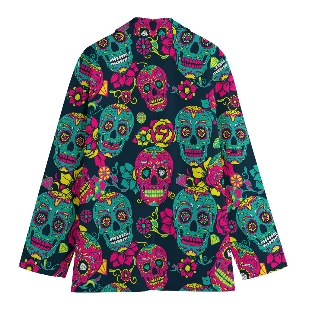 Teal Pink Sugar Skull Pattern Print Women's Cotton Blazer